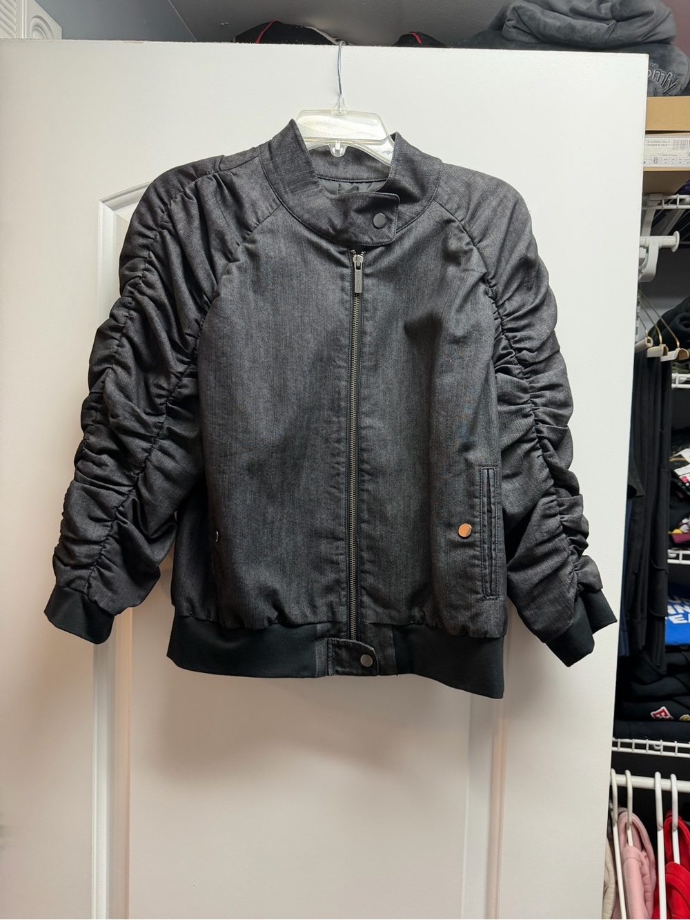 Kenneth Cole Black Ruched-Sleeve Bomber Jacket